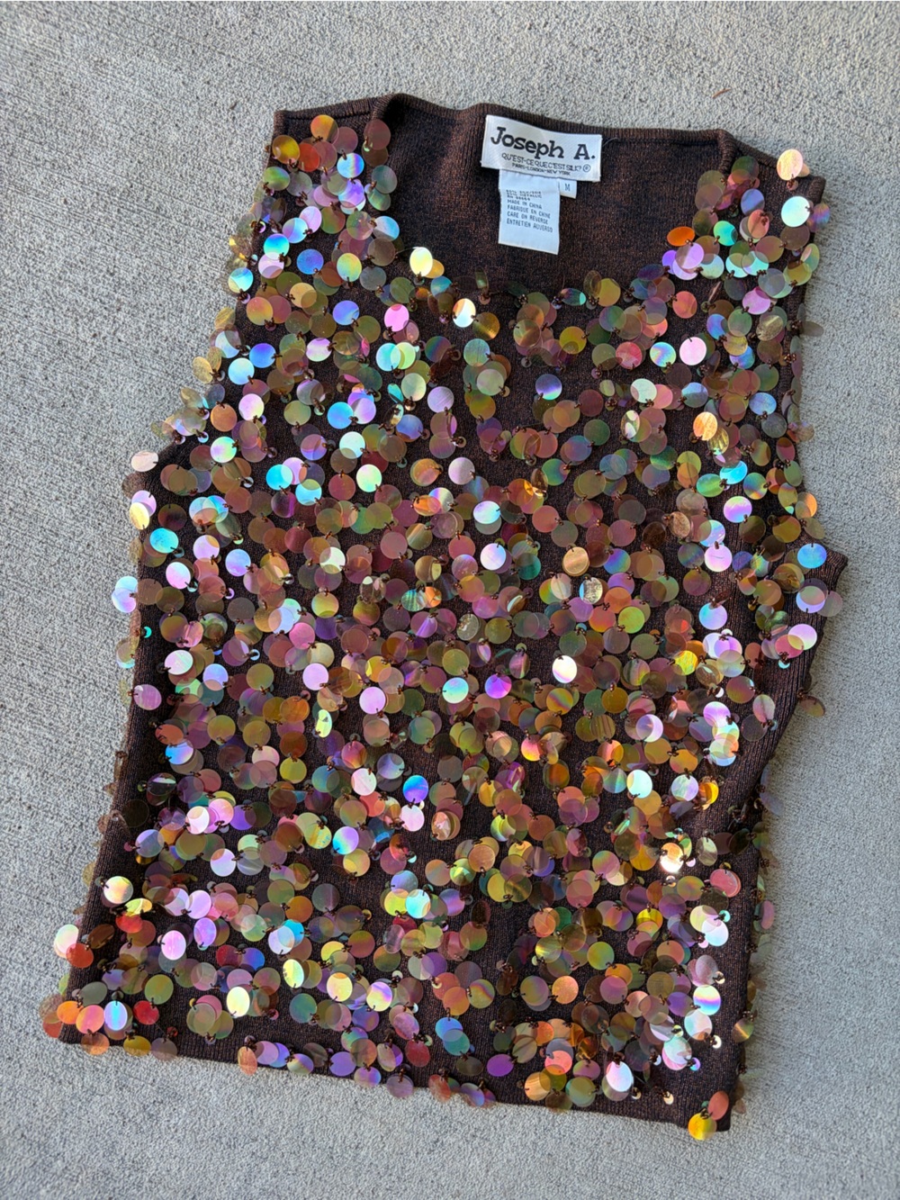 Vintage 90s Joseph A silk brown knit sleeveless top iridescent multicolor sequin